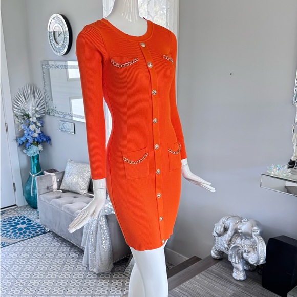 NWOT 🧡 Vibrant Orange Long Sleeve Sweater Dress with Buttons - Picture 3 of 17